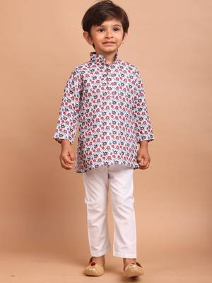 boys  cotton printed kurta suit - indeevar collection white 3