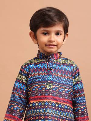 boys  cotton printed kurta suit - indeevar collection navy blue 1