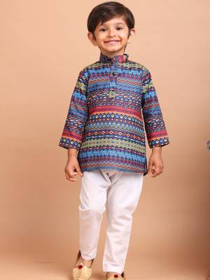 boys  cotton printed kurta suit - indeevar collection navy blue 2