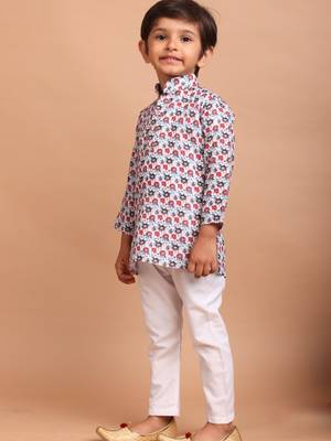 boys  cotton printed kurta suit - indeevar collection white 5