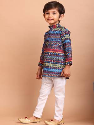 boys  cotton printed kurta suit - indeevar collection navy blue 3