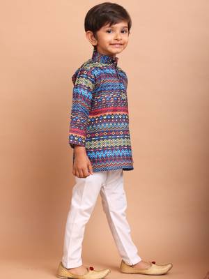 boys  cotton printed kurta suit - indeevar collection navy blue 4