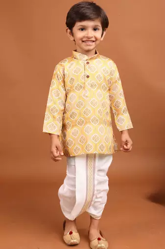 Shine of yellow benaras silk printed kurta dhoti  suit-samar collection