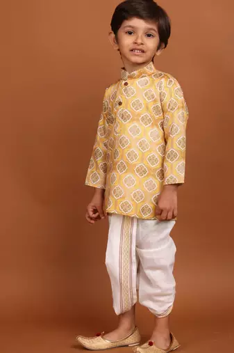 Shine of yellow benaras silk printed kurta dhoti  suit-samar collection