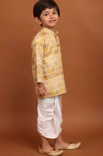 Shine of yellow benaras silk printed kurta dhoti  suit-samar collection