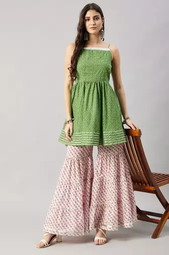 Winered woman green flared kurti & sharara set