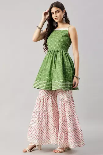 Winered woman green flared kurti & sharara set