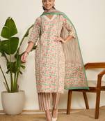 Winered women printed v- neck embroidered kurta, pant & dupatta set