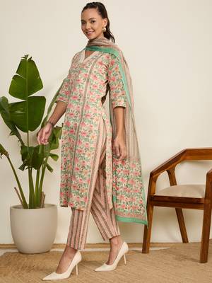 Winered women printed v- neck embroidered kurta, pant & dupatta set 4