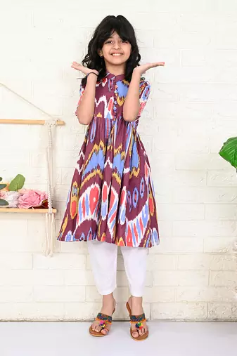 Multi color cotton printed ikat kurta set