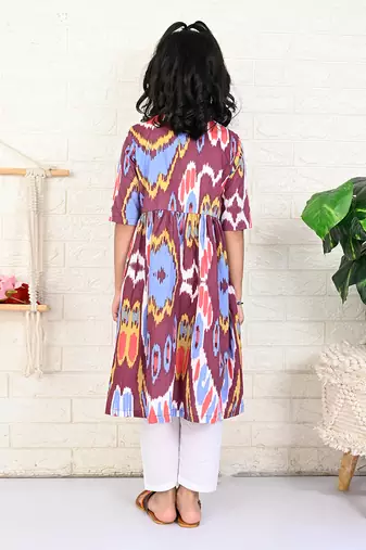 Multi color cotton printed ikat kurta set
