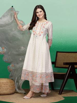 Women off white color embroidery anarkali kurta sharara with dupatta set 1