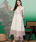 Women off white color embroidery anarkali kurta sharara with dupatta set