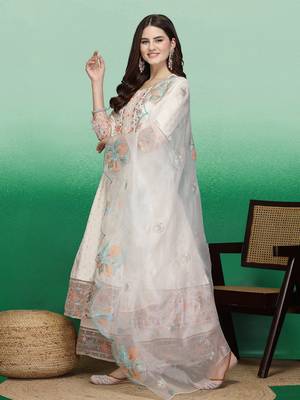 Women off white color embroidery anarkali kurta sharara with dupatta set 3