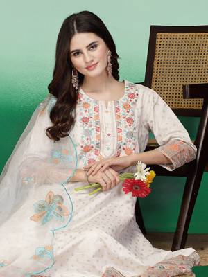 Women off white color embroidery anarkali kurta sharara with dupatta set 4