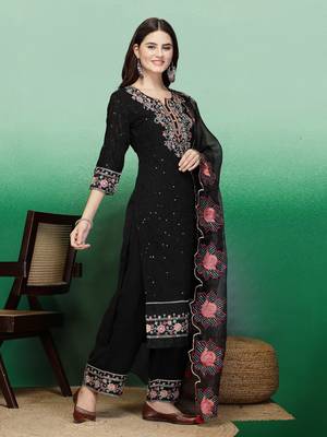 Women black color embroidery staright kurta palazzo with dupatta set 2