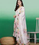 Women white color printed hand work staright kurta pant with dupatta set