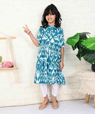 Teal cotton printed ikat kurta set 1