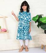Teal cotton printed ikat kurta set