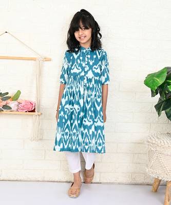Teal cotton printed ikat kurta set 2