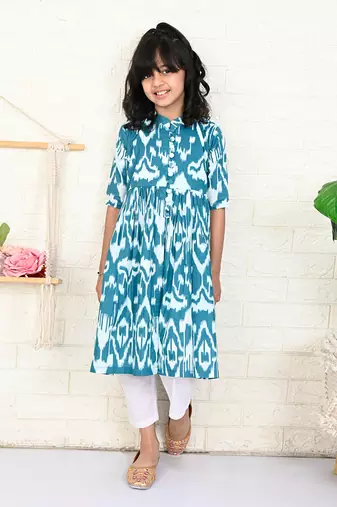 Teal cotton printed ikat kurta set