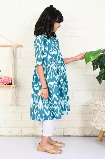Teal cotton printed ikat kurta set