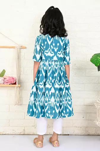 Teal cotton printed ikat kurta set