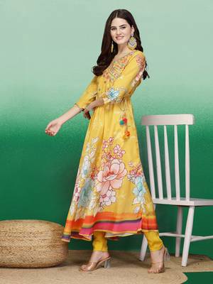 Women yellow color embroidery anarkali kurta pant with dupatta set 1