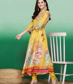 Women yellow color embroidery anarkali kurta pant with dupatta set