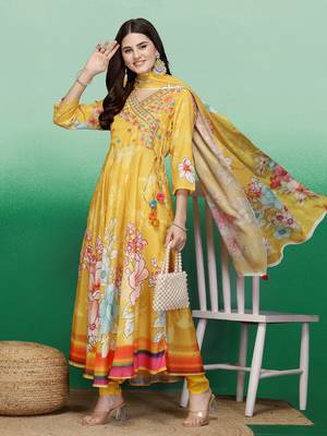 Women yellow color embroidery anarkali kurta pant with dupatta set 2