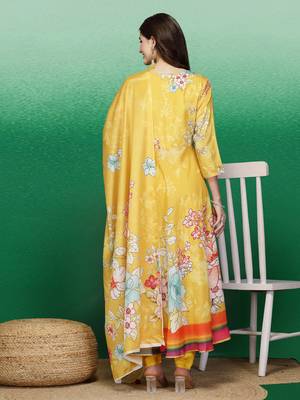 Women yellow color embroidery anarkali kurta pant with dupatta set 3