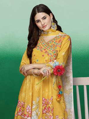 Women yellow color embroidery anarkali kurta pant with dupatta set 4