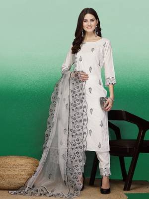 Women white color embroidery staright kurta pant with dupatta set 1