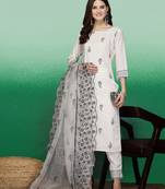 Women white color embroidery staright kurta pant with dupatta set