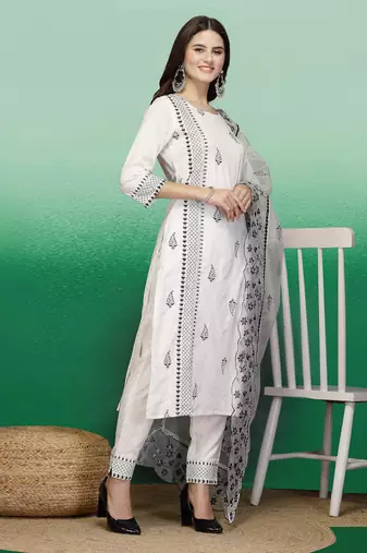 Women white color embroidery staright kurta pant with dupatta set