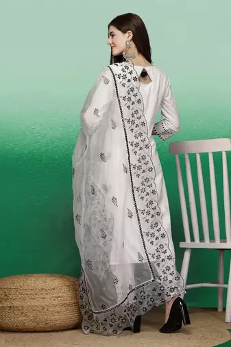 Women white color embroidery staright kurta pant with dupatta set