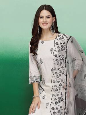 Women white color embroidery staright kurta pant with dupatta set 4