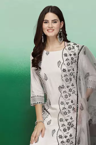 Women white color embroidery staright kurta pant with dupatta set