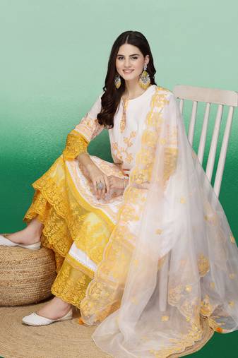Women white color embroidery web desigen anarkali kurta sharara with dupatta set