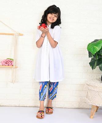 White cotton printed ikat kurta set 1