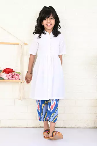 White cotton printed ikat kurta set