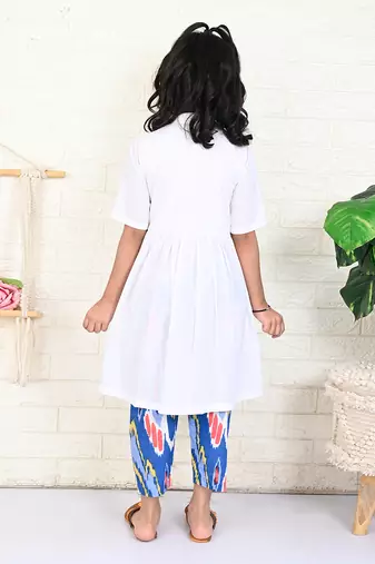 White cotton printed ikat kurta set