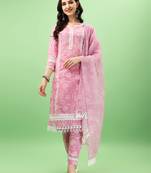 Printed Pink Cotton Silk Fabric with Lace border work Straight Kurta, Pant and Dupatta Set