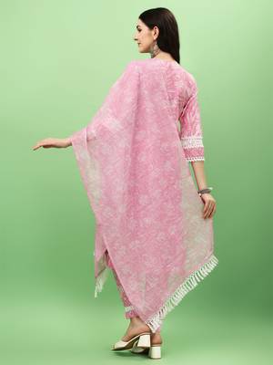 Printed Pink Cotton Silk Fabric with Lace border work Straight Kurta, Pant and Dupatta Set 2