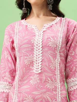 Printed Pink Cotton Silk Fabric with Lace border work Straight Kurta, Pant and Dupatta Set 3