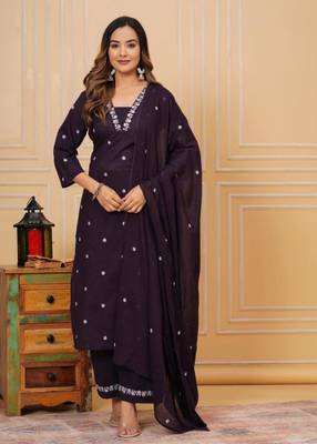 Womens cotton purple & white embroidery work kurta and pants with dupatta 1