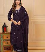 Womens cotton purple & white embroidery work kurta and pants with dupatta