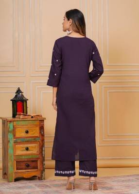 Womens cotton purple & white embroidery work kurta and pants with dupatta 2