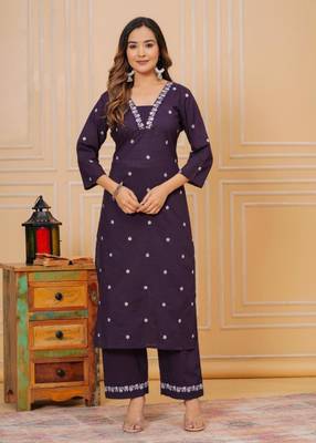 Womens cotton purple & white embroidery work kurta and pants with dupatta 3
