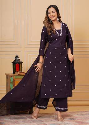 Womens cotton purple & white embroidery work kurta and pants with dupatta 4